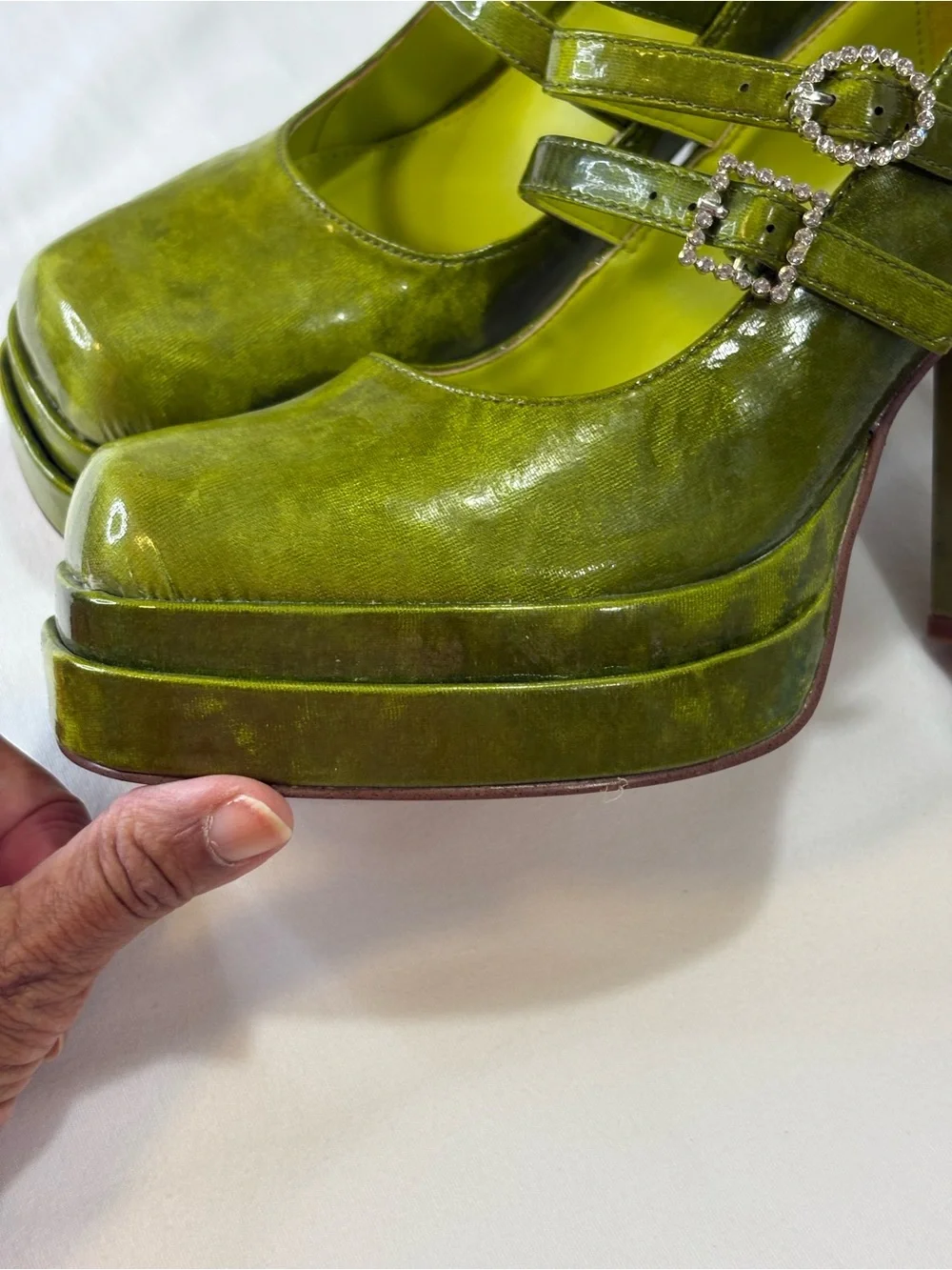 CIRCUS Chartreuse Patent Platform Mary Jane Pumps Crystal Buckles 6.5 EUC $159